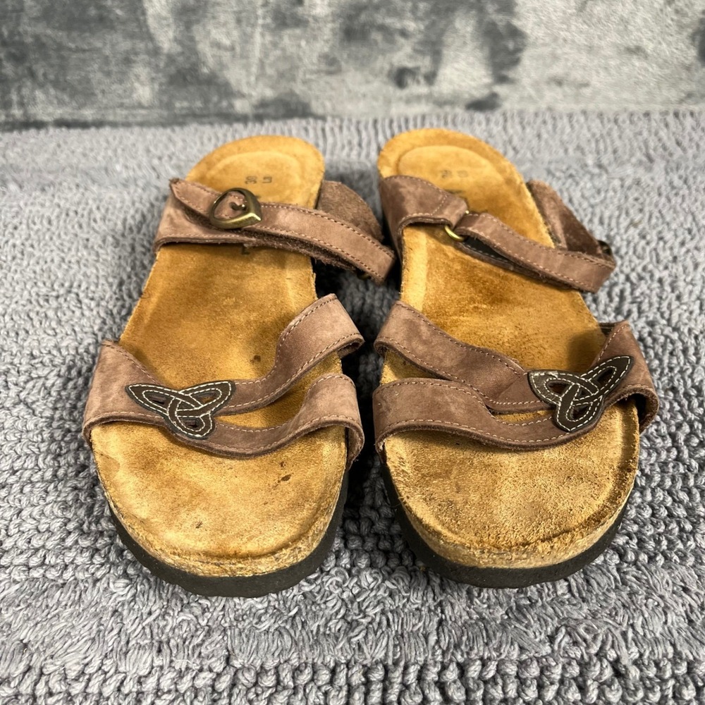 Naot Women Brown Leather Celtic Knot Slide Sandals Size 39 L8 Handcrafted Israel